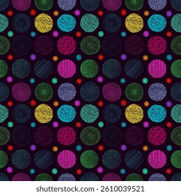 Seamless background with graphic colored circles. Hand drawing. Not AI, Vector illustration.