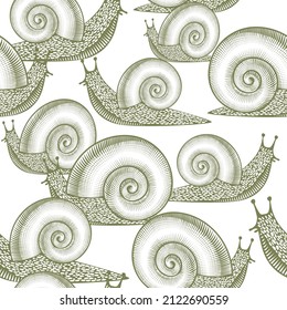 Seamless background with graphic grape snails. Ecology and nature. Vintage prints with a stylized pattern. Vector illustration.