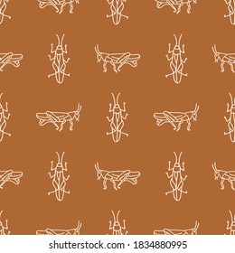 Seamless background grasshopper pest gender neutral pattern. Whimsical minimal earthy 2 tone color. Kids nursert wallpaper or boho cartoon bug fashion all over print. 
