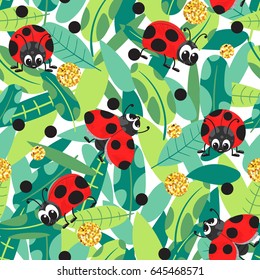 Seamless background with green abstract leaves and ladybugs. Bright summer background in vector.