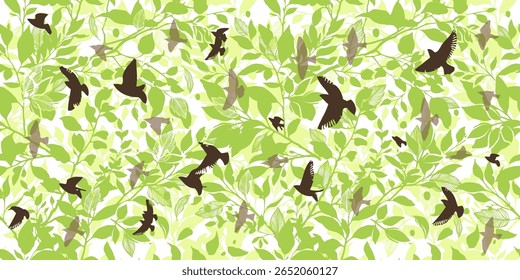 Seamless background green branches and flying birds. hand drawn. Not AI, Vector illustration.