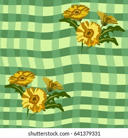 Seamless background with green cage and yellow flowers