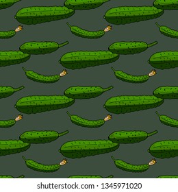 Seamless background with green cucumbers on cozy dark background. Endless pattern for your design. Vector.   
