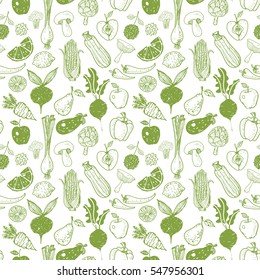 Seamless background with green doodle vegetables and fruits. Vector sketch illustration.