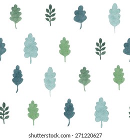 Seamless background with green hand draw watercolor oak leaves and branches of tree on a white background. Vector illustration