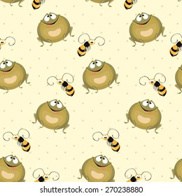 Seamless background. Green large frog and flying bees.