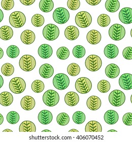 seamless background with green leaves in circles 