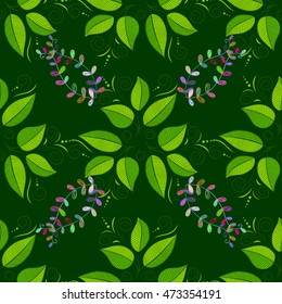 seamless background with green leaves and colorful branches. Vector.