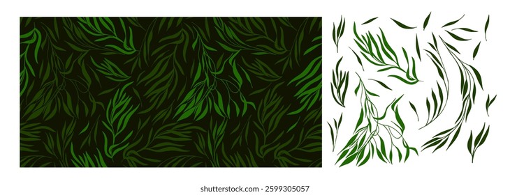 Seamless background green leaves. hand drawing. Not AI, Vector illustration.