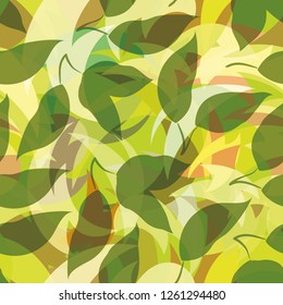 Seamless Background, Green Leaves Silhouettes on Abstract Tile Pattern. Vector