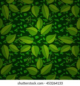 seamless background with green leaves. Vector illustration.