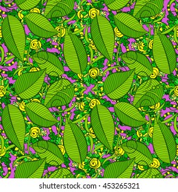 Seamless background with green leaves. Vector illustration.