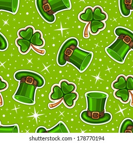 Seamless background with green leprechaun hats and shamrocks for St. Patrick's day
