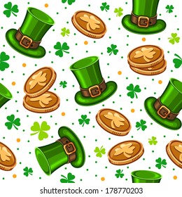 Seamless background with green leprechaun hats and golden coins for St. Patrick's day