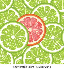 Seamless background of green lime round slices and a grapefruit slice isolated in the middle
