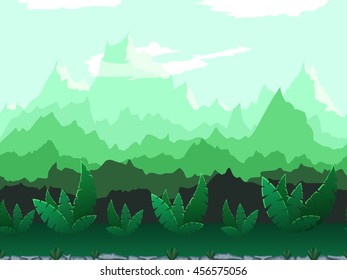 Seamless background of green mountains and forest with tropic plants on rocky ground. Vector illustration for game design.