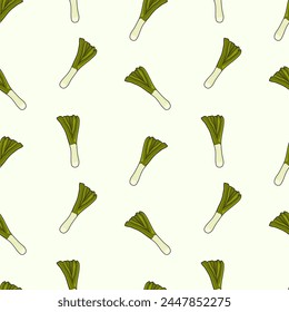 Fondo inconsútil de cebollas verdes. Cebollas verdes.  Dibujado a mano en estilo garabato. Diseño para la impresión en telas, envases de vacaciones y confitería, Fondo de pantalla, envases y chatarra