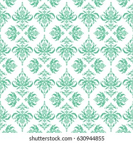 Seamless background. Green ornament on a white background. Floral seamless damask pattern. Wallpaper baroque.