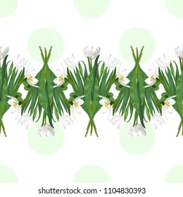 Seamless background with green polka dots and white tulips border