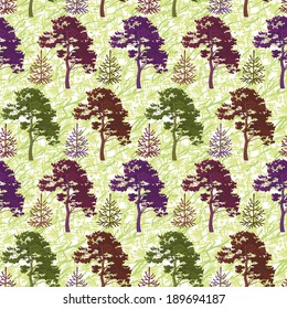 Seamless background, green summer forest with colorful pine and fir trees and abstract pattern. Vector