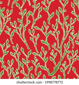 Seamless background of green twigs with leaves and berries