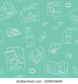 Nahtloser Hintergrund auf Grün mit weißen Zeichnungen von Babybüchern in einem Geschenkkoffer und Babybüchern mit Katze, Vogel, Igel und Kaninchen