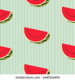Seamless background with green and white stripes and watermelon slices. Vector fruit design for pattern or template.