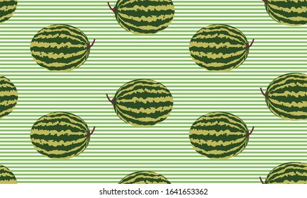 Seamless background with green and white stripes and watermelon. Vector fruit design for pattern or template.