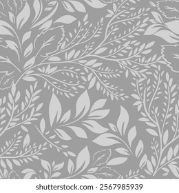 Seamless background grey graphic leaves. hand drawing. Not AI, Vector illustration.