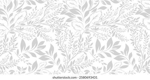 Seamless background grey graphic leaves. hand drawing. Not AI, Vector illustration.