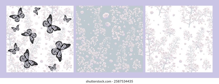 Seamless background grey graphic leaves with butterflies. hand drawing. Not AI, Vector illustration.