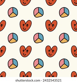 Seamless background of groovy hearts and peace signs. Psychedelic vector background in 1970s-1980s retro hippie style for print.