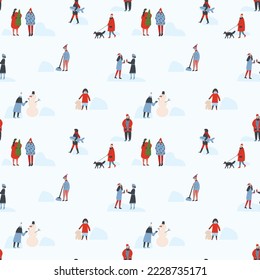 El fondo es impecable con el Grupo de personas en diferentes actividades al aire libre - caminar, usar el smartphone, relajarse, ir de compras. Patrón con multitud de personajes masculinos y femeninos en el parque invernal de la ciudad. Fiestas navideñas
