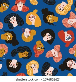 Seamless background with the group of portraits of  young women. Cute female faces. Vector repeat background.