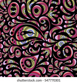 Seamless background, grunge style. Brown, pink and purple damask paisley wallpaper. Vector illustration.
