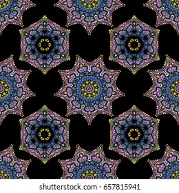 Seamless background, grunge style. Purple, blue and green damask paisley wallpaper. Vector illustration.