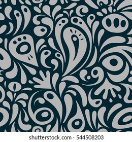 Seamless background, grunge style. Vector illustration. Blue and gray damask paisley wallpaper.