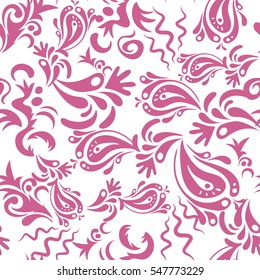 Seamless background, grunge style. Vector illustration. Pink damask paisley wallpaper.