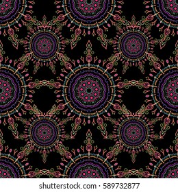 Seamless background, grunge style. Vector illustration. Green, pink and blue damask paisley wallpaper.