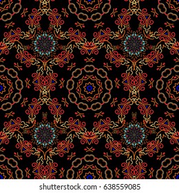 Seamless background, grunge style. Vector illustration. Beige, orange and blue damask paisley wallpaper.
