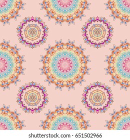 Seamless background, grunge style. Vector illustration. Brown, magenta and gray damask paisley wallpaper.