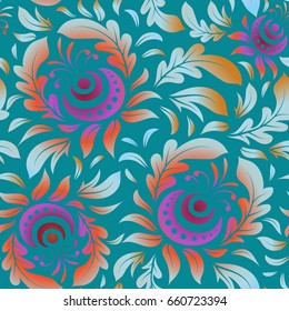 Seamless background, grunge style. Vector illustration. Blue and orange damask paisley wallpaper.