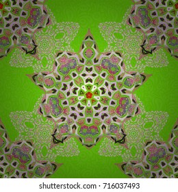 Seamless background, grunge style. Vector illustration. Pink, green and gray damask paisley wallpaper.