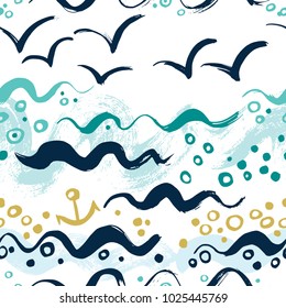 Seamless background with gulls, sea and waves. Summer style. Hand drawn dry brush pattern.