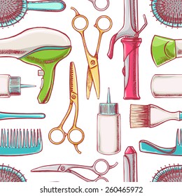 seamless background with hairdressing equipment. hand-drawn illustration