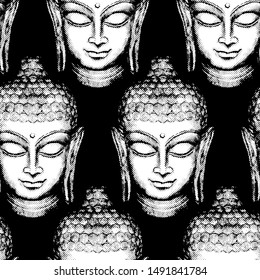 Seamless background of halftone Buddha head. Indian, Chinese, Korean and Japanese Lord and spiritual symbol.