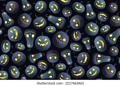 Seamless background for Halloween, different pumpkins with luminous faces on a dark background