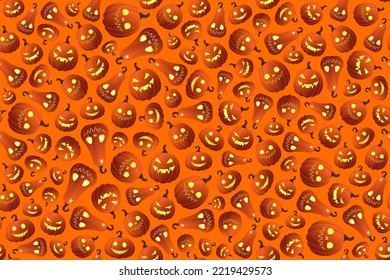 Seamless background for Halloween, different pumpkins with luminous faces on a orange background