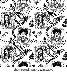 Seamless background of Halloween elements drawn in doodle style. Portraits of vampires, poisonous potions, bats and spiders. Halloween holiday background. 