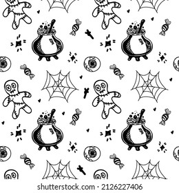 Seamless background with Halloween elements drawn in a doodle style. Poison potions, spider webs, spiders and voodoo dolls. Monogamous Halloween background. 